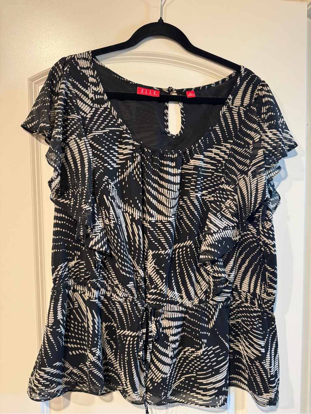 Elle Black and White Ruffle Sleeve Drawstring Top